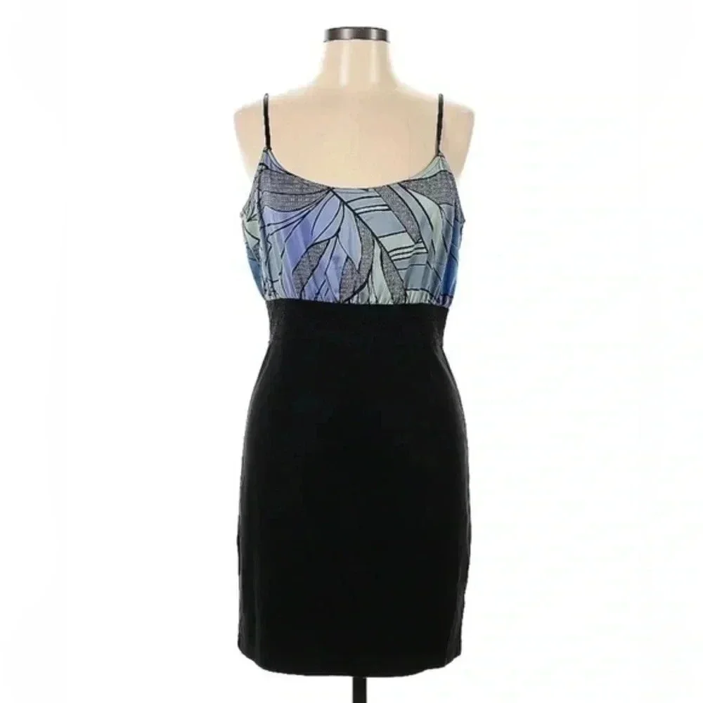 Vintage Free People Y2K Blue Green Black Fitted Bodycon Tie Back Dress Size L